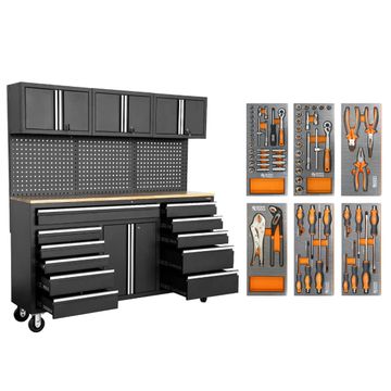 George Tools Budget verrijdbare werkbank 183 cm rubberwood zwart - gevuld 65-delig