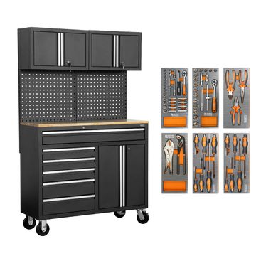 George Tools Budget verrijdbare werkbank 122 cm rubberwood zwart - gevuld 65-delig
